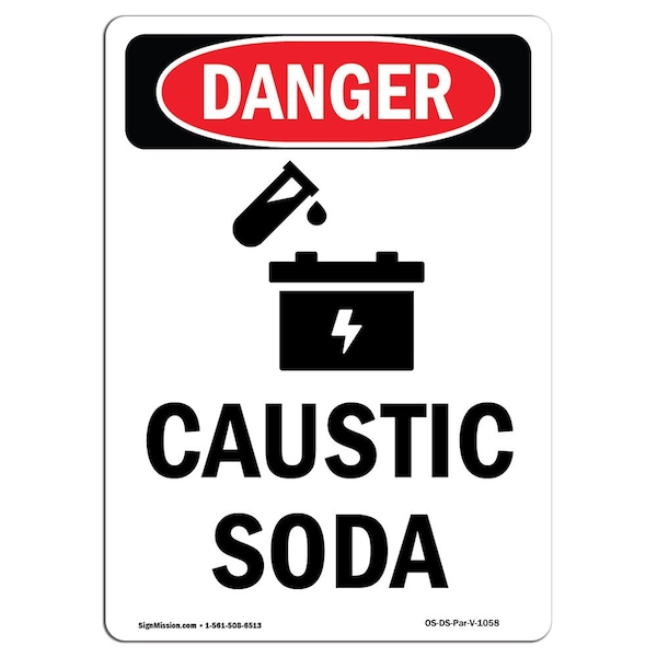Safety Sign, OSHA Danger, 5" Height, Caustic Soda, Portrait, 10PK